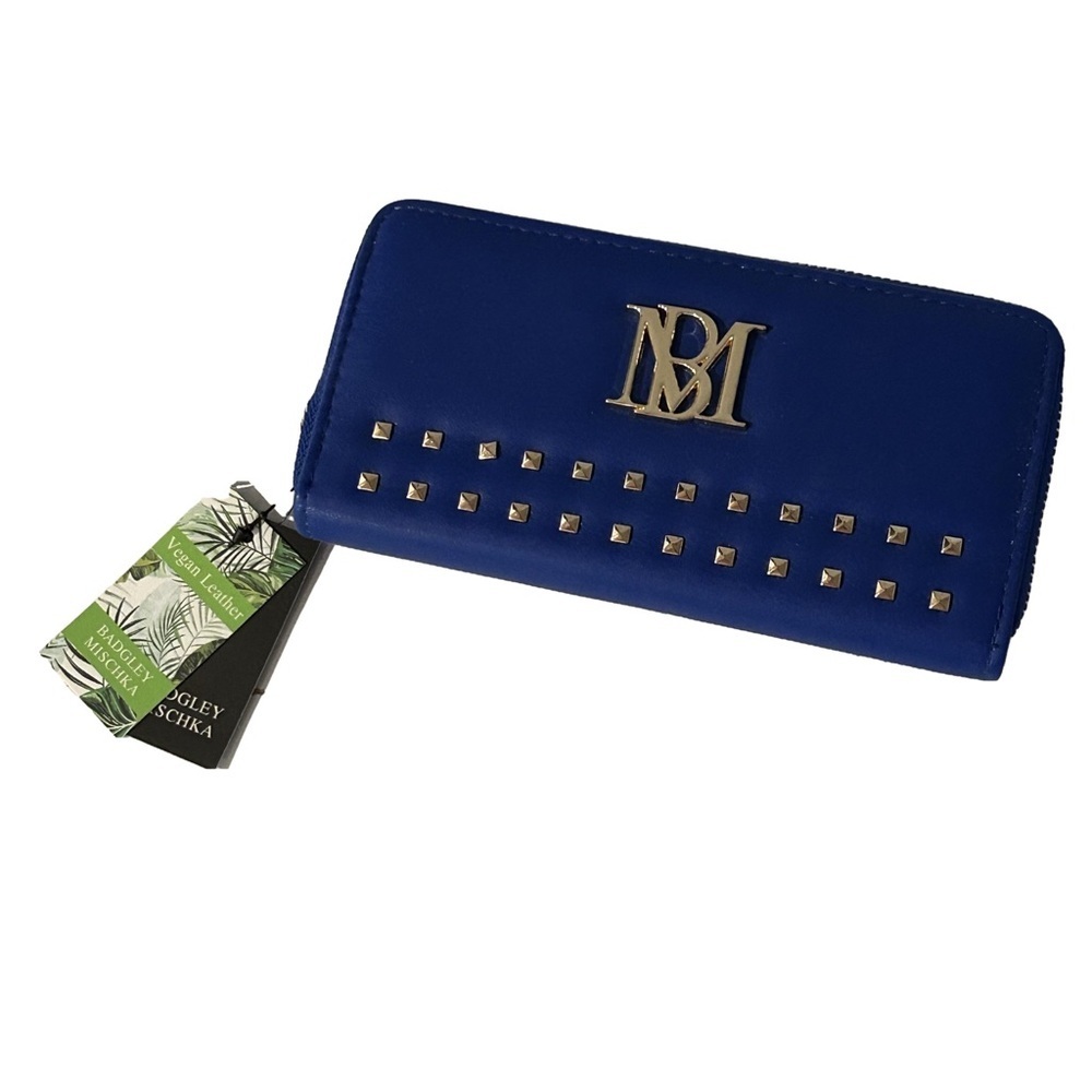 Badgley Mischka Vegan Leather Wallet Colbolt Blue with Gold Studs Zip Around